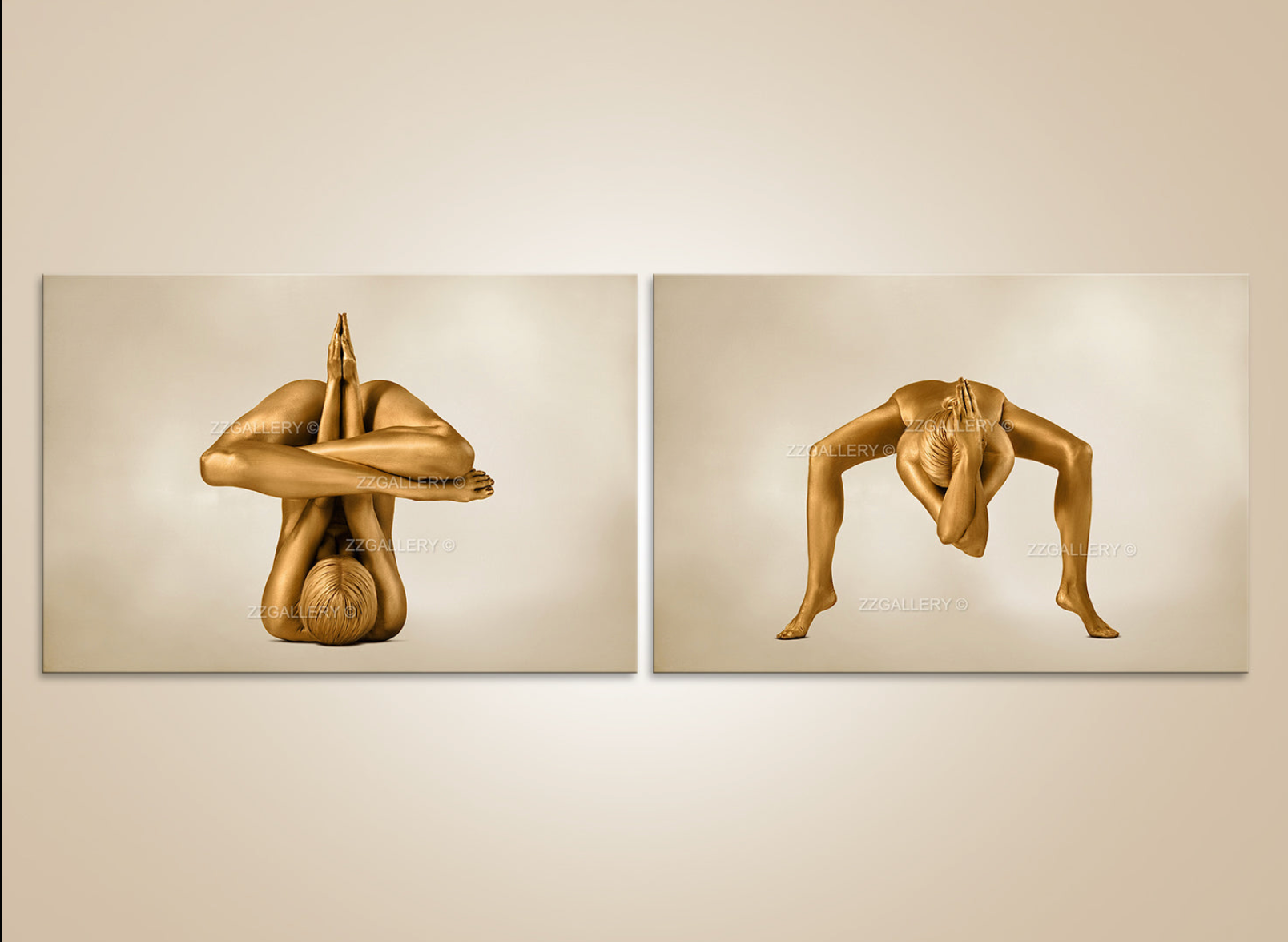 Golden yoga prayer diptych wall art showing gold-painted figure in prayer inversion pose, spiritual meditation photography for yoga and wellness interiors.