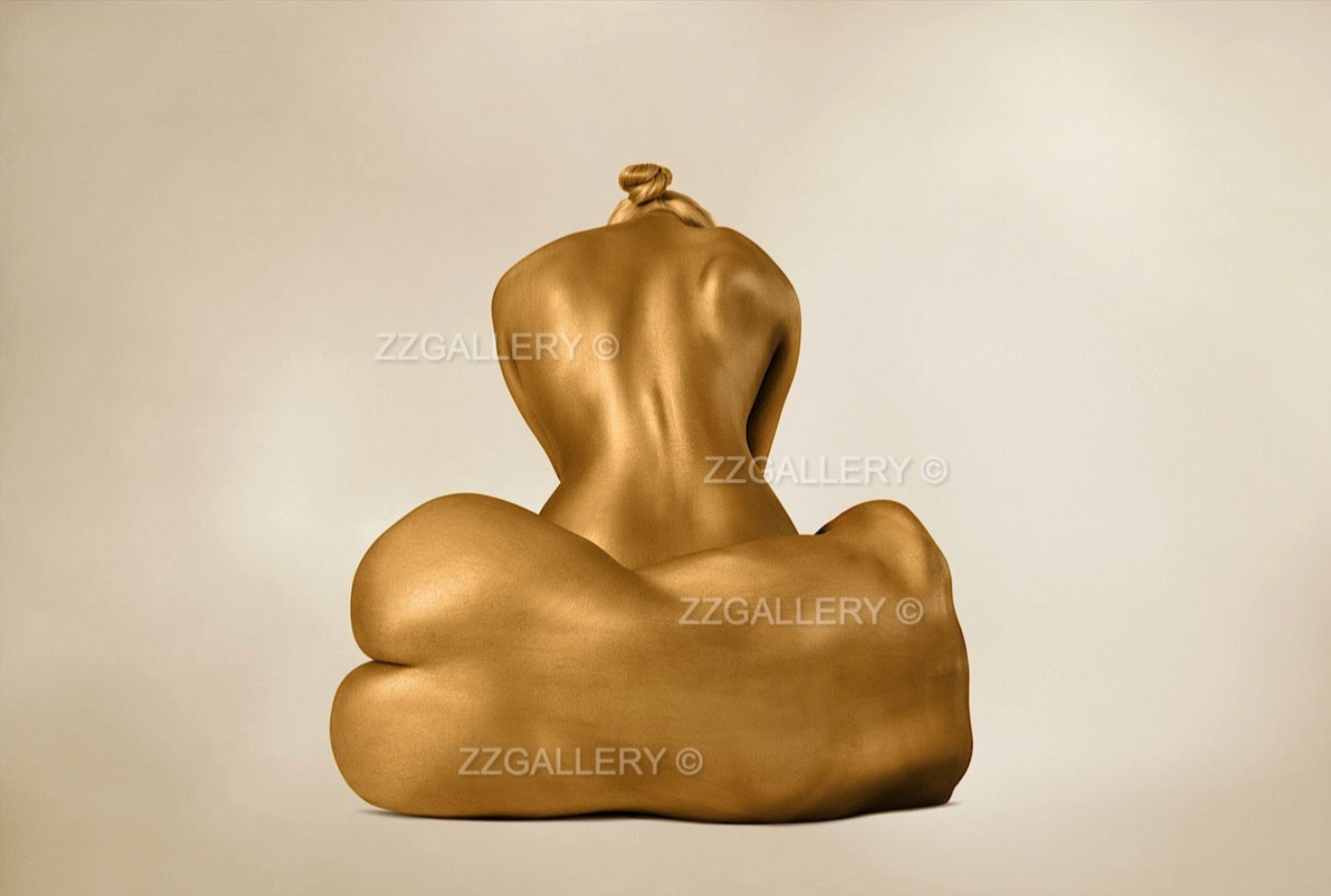 Two golden-painted female figures—one seated upright, one lying sideways—posing in serene harmony, ideal for spiritual and luxury wall art decor.