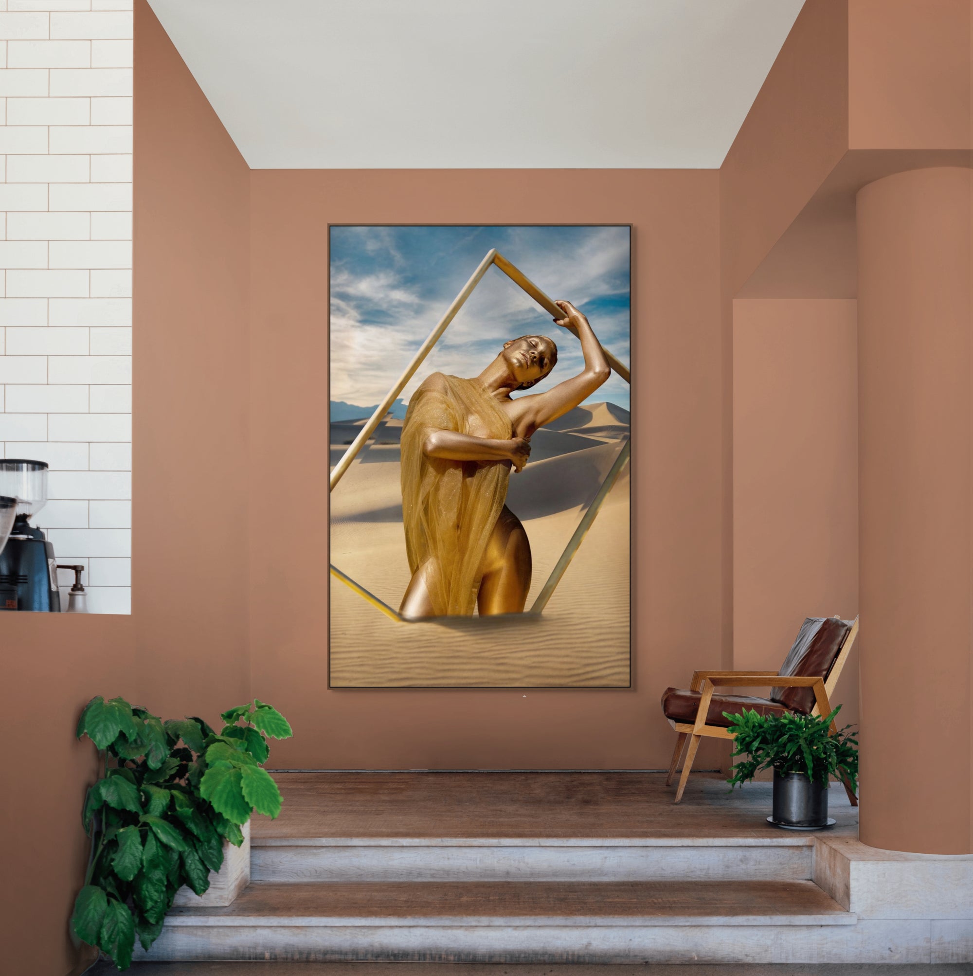 Golden feminine figure emerging from desert sands with geometric frame — fine art photography by Zack Zublena, modern wall decor for luxury interiors.