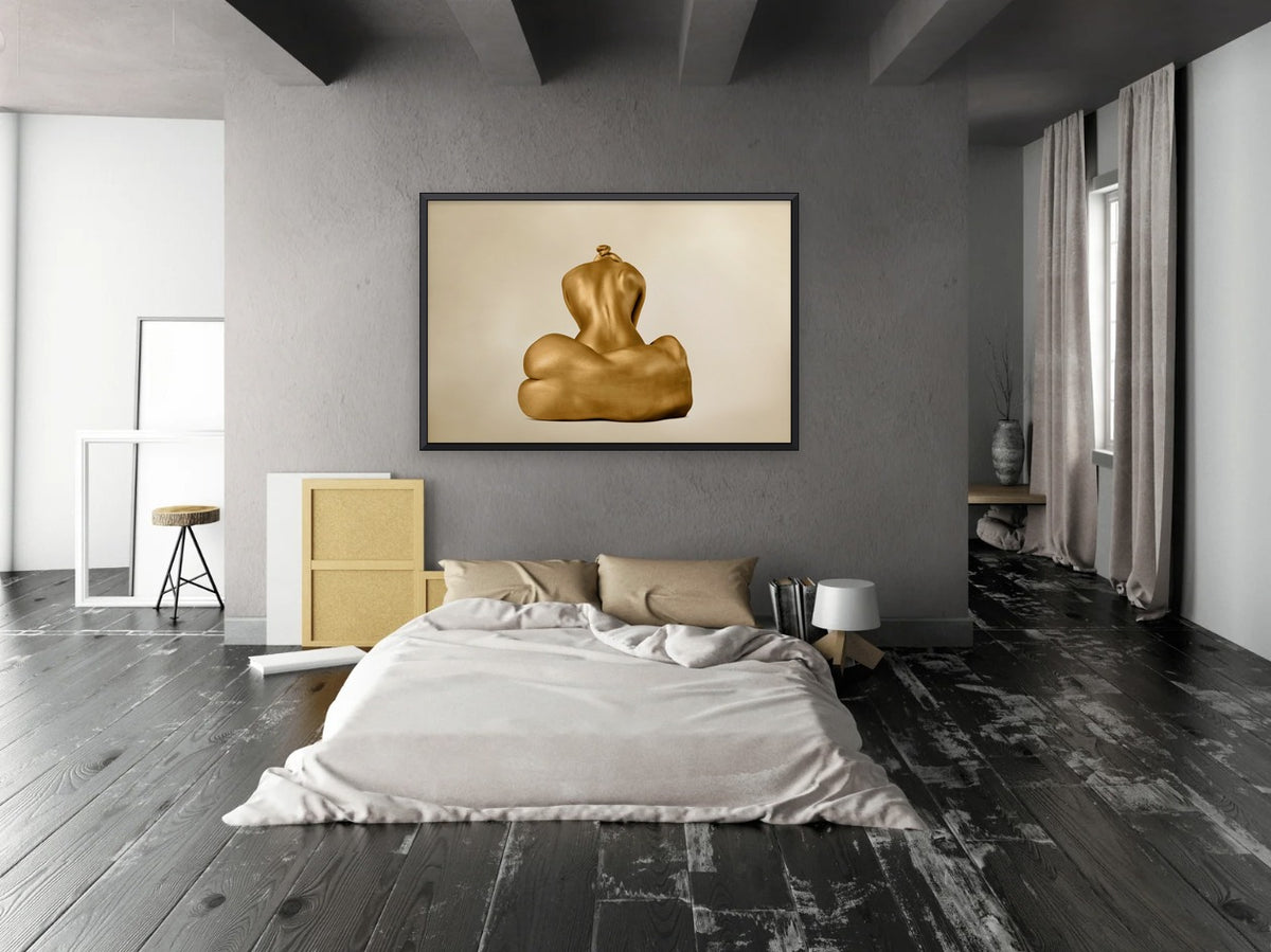 Golden-painted feminine duo back portrait by Zack Zublena, contemporary fine art photography for minimalist luxury interiors, symbolizing elegance and sacred feminine beauty.