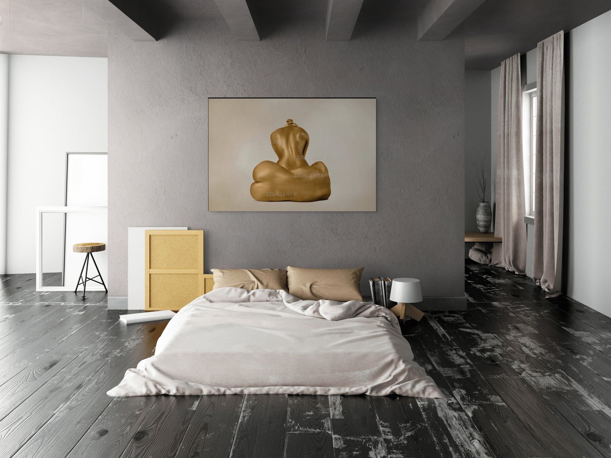 Golden-painted feminine duo back portrait by Zack Zublena, contemporary fine art photography for minimalist luxury interiors, symbolizing elegance and sacred feminine beauty.