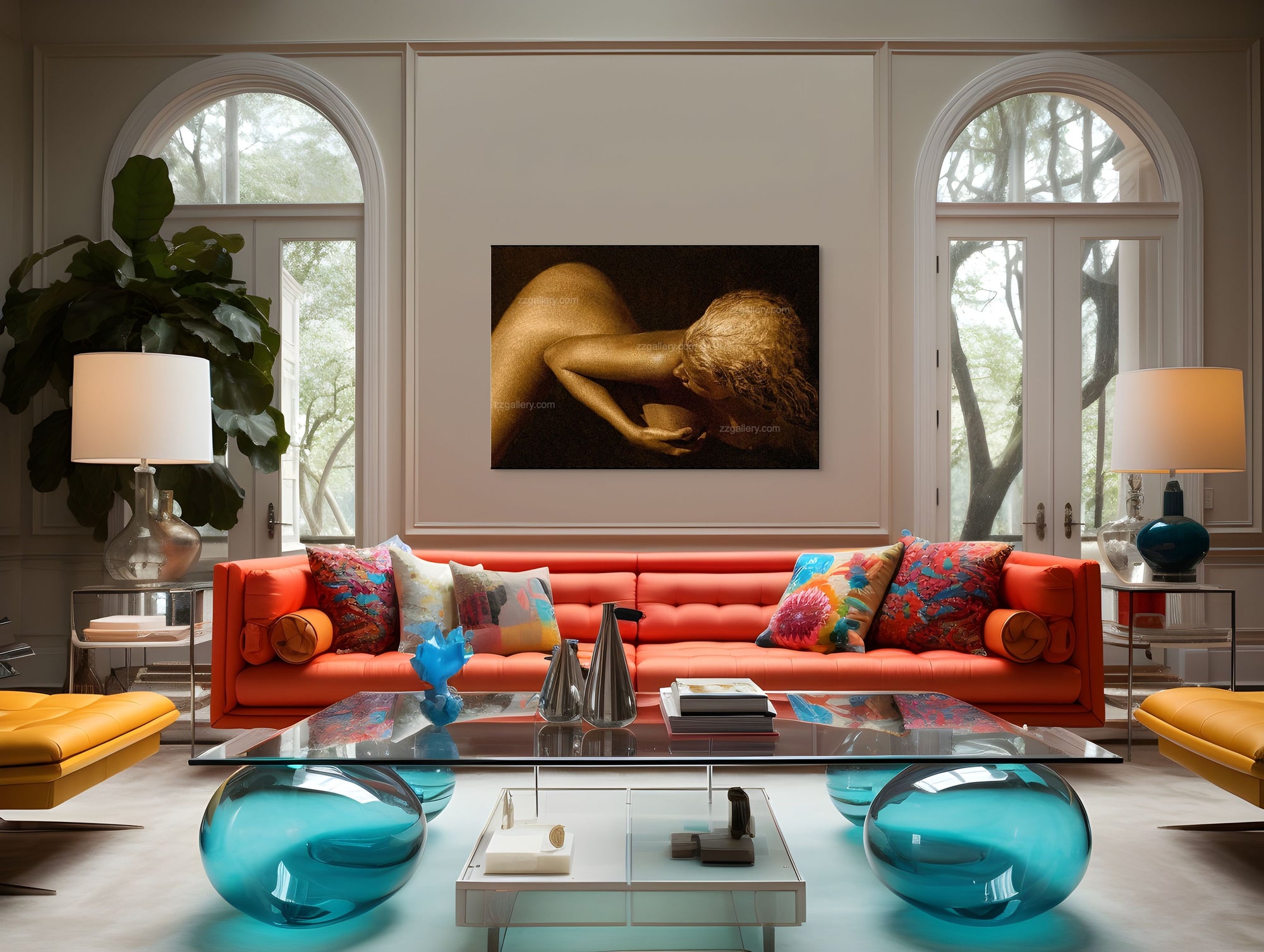 Golden-painted female figure in a graceful pose, bowing forward as if drinking light, symbolizing purity, harmony, and divine feminine energy in fine art photography by Zack Zublena.