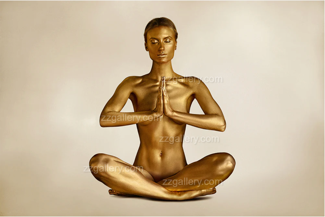 Golden silhouette seated in lotus pose, hands in prayer, meditative fine art.