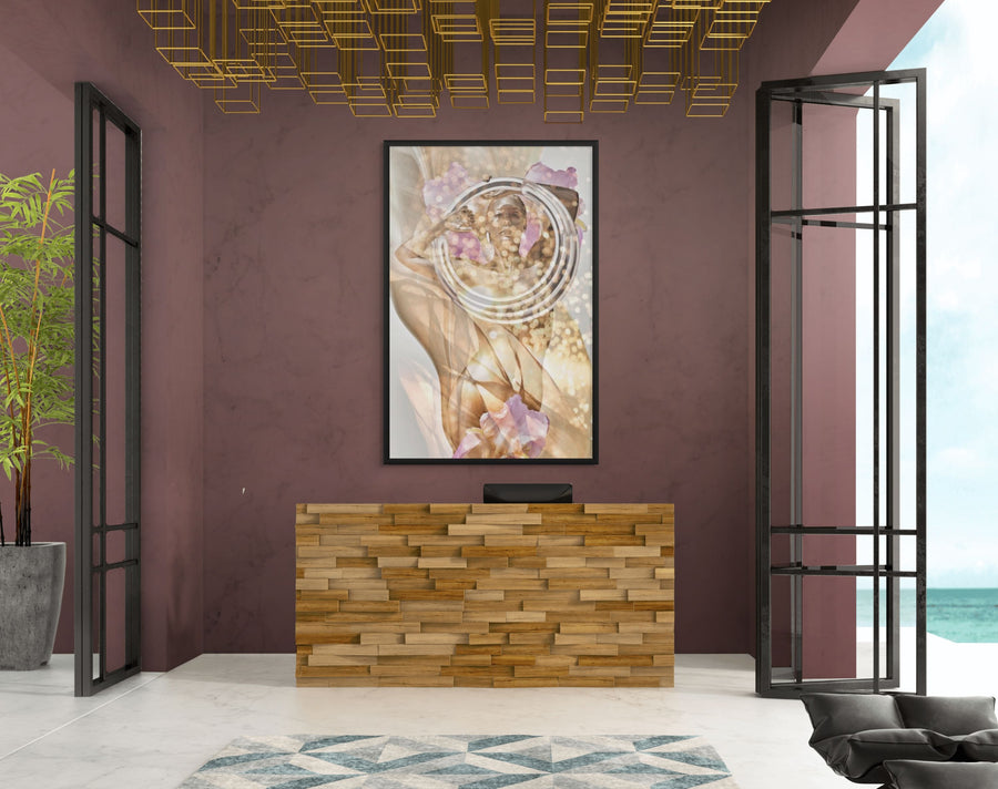Golden surreal fine art photography of a nude female figure surrounded by ethereal rings and floating petals, symbolizing divine energy and sacred transformation – contemporary wall art for luxury interiors, spas, and collectors.
