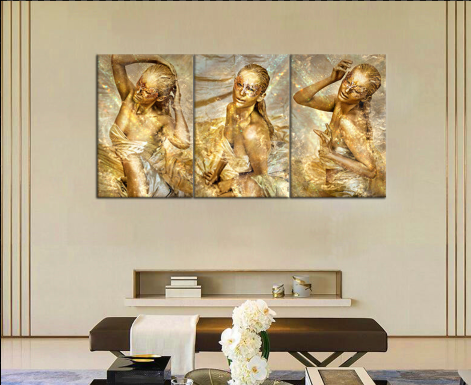 Contemporary golden goddess wearing a Venetian mask, fine art triptych inspired by Venice carnival, luxury gold wall décor for elegant interiors.