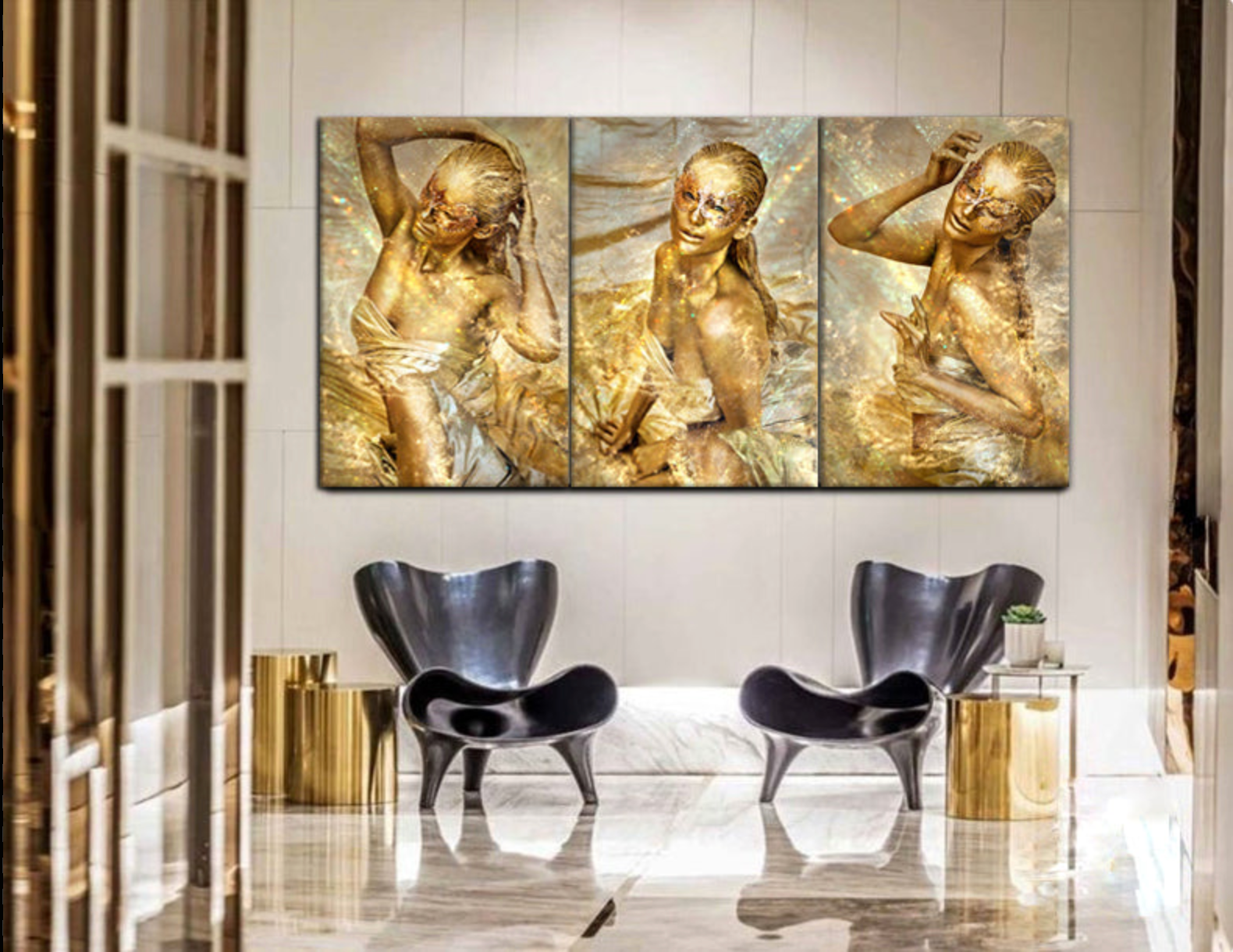 Golden feminine triptych wall art displayed in a modern contemporary interior with neutral tones, a decorative bench, and a floral centerpiece, luxury fine art wall décor for upscale living spaces.