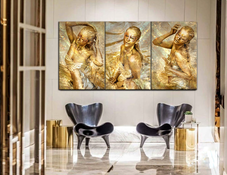 Venezia carnival goddess in gold body painting with Venetian mask, erotic fine art photography triptych for luxury interiors.