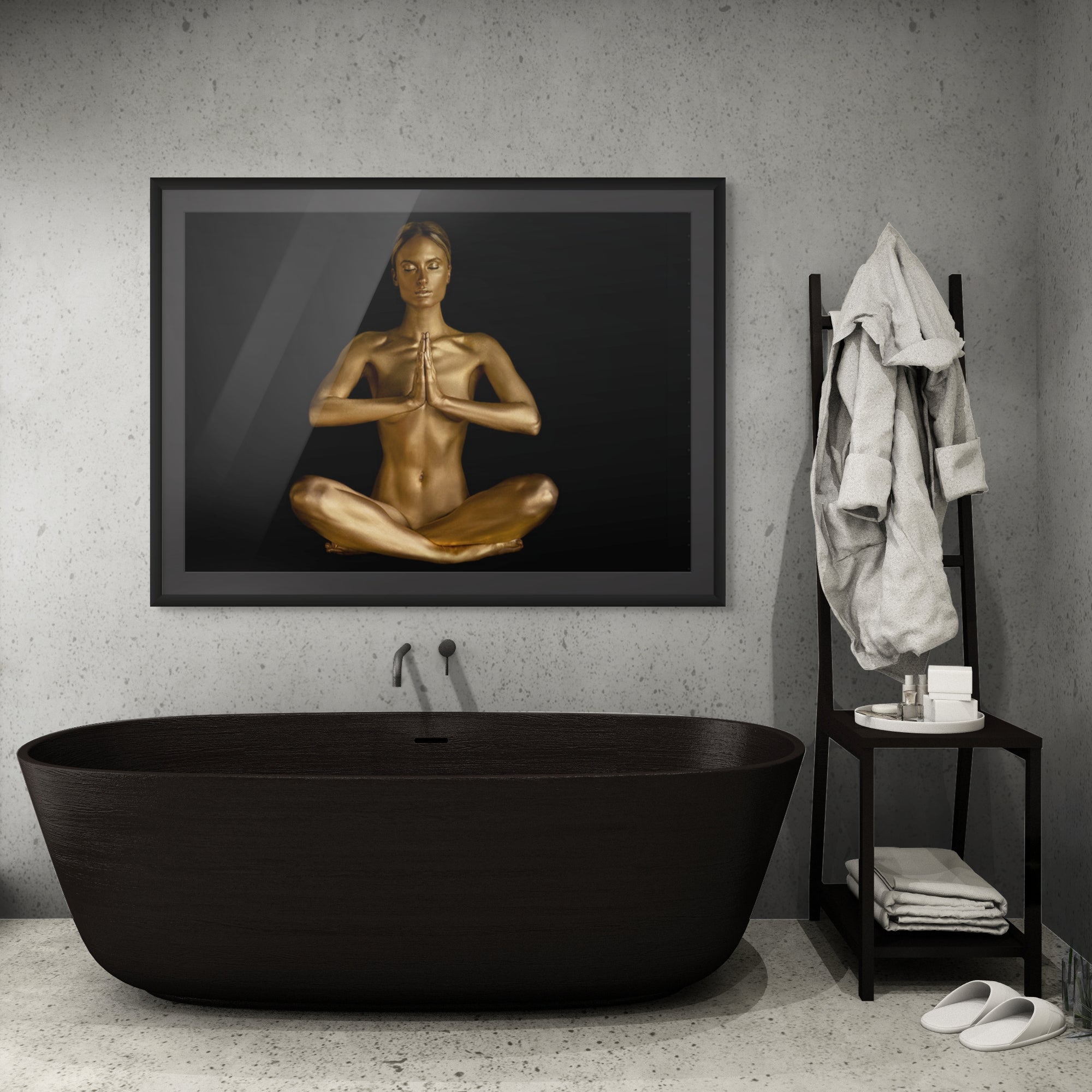 Golden-painted female figure seated in lotus yoga pose with hands pressed in prayer, fine art photography symbolizing meditation, balance, and elegance, ideal for luxury spa or interior wall decor.