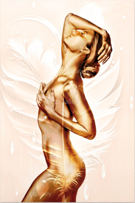 Golden figure in elegant silhouette with radiant angel feathers, symbolizing purity, ascension, and spiritual light in fine art photography by Zack Zublena