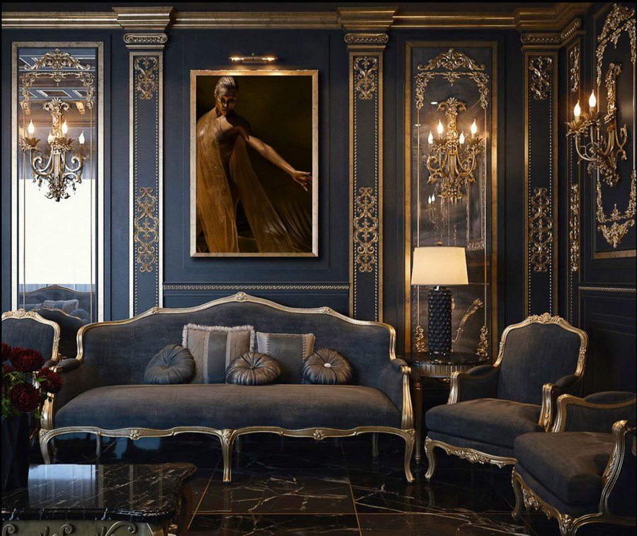Golden figure wall art displayed in a luxurious dark blue and gold living room with velvet seating and ornate classical decor.
