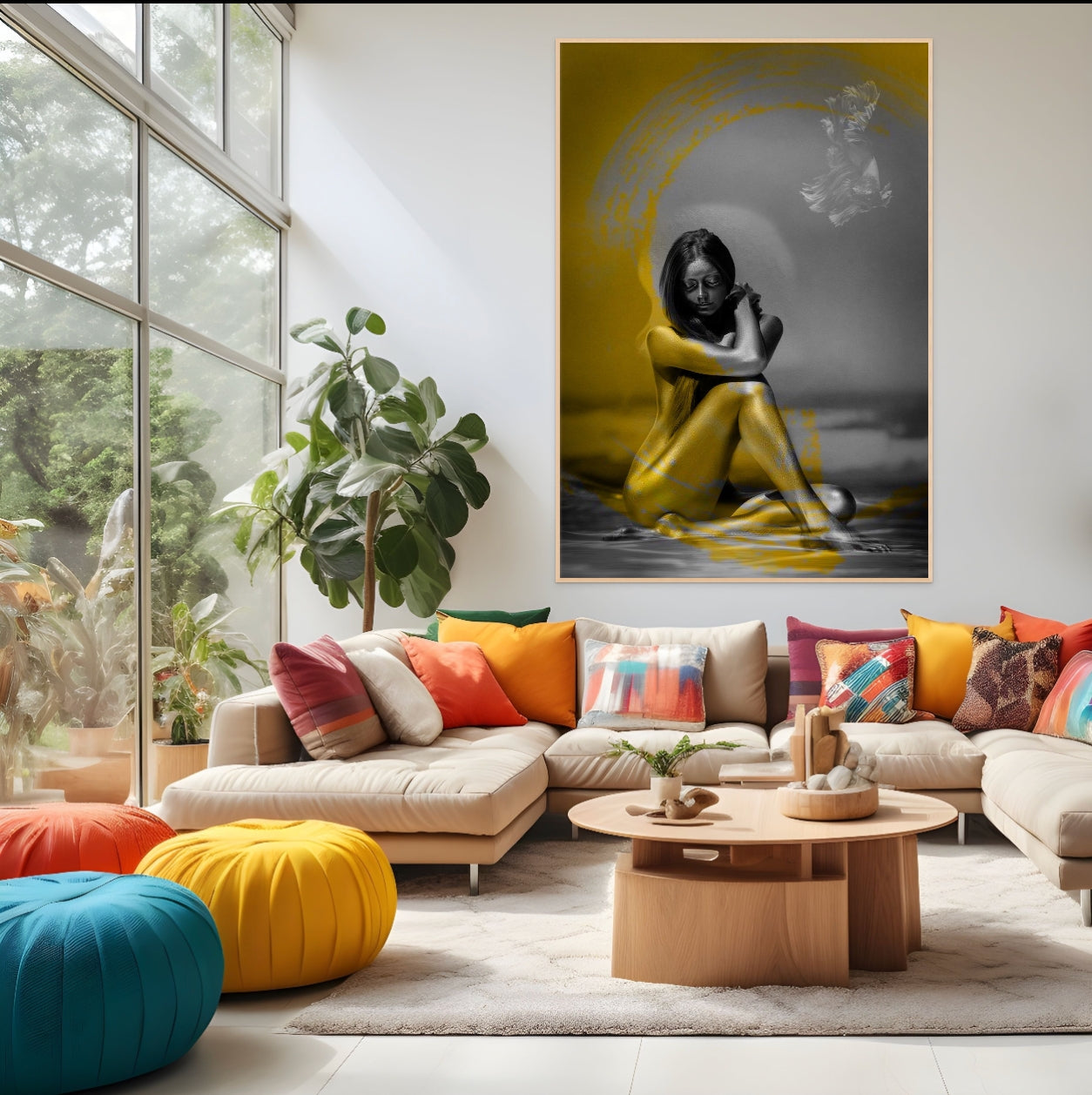 Surreal pop art golden figure artwork style on gold  background with glowing halo, fine art photography for spiritual, modern, and luxury wall decor.