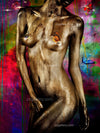 Golden-painted figure artwork with butterflies and a vibrant rainbow-colored background, contemporary fine art wall decor for luxury interiors and collectors.