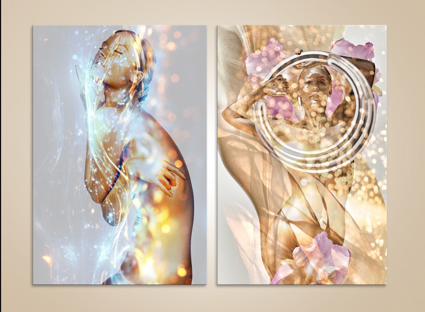 Golden figure cosmic diptych wall art – luxury fine art photography with floral and light textures