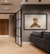 Golden-painted figure sitting in meditation with arms crossed in front, contemporary fine art wall art by Zack Zublena, perfect for luxury interiors, wellness spaces, and modern home decor.