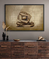 Golden-painted figure seated cross-legged with arms curved overhead in an abstract sculptural pose — fine art wall photography by Zack Zublena, ideal for modern interiors and collector spaces.