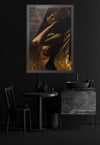 Golden-painted silhouette with curly hair arching gracefully, hands lifted behind her head, bathed in dramatic light and shadows. Fine art photography capturing elegance, feminine strength, and timeless beauty, perfect for luxury interiors and collectors.

