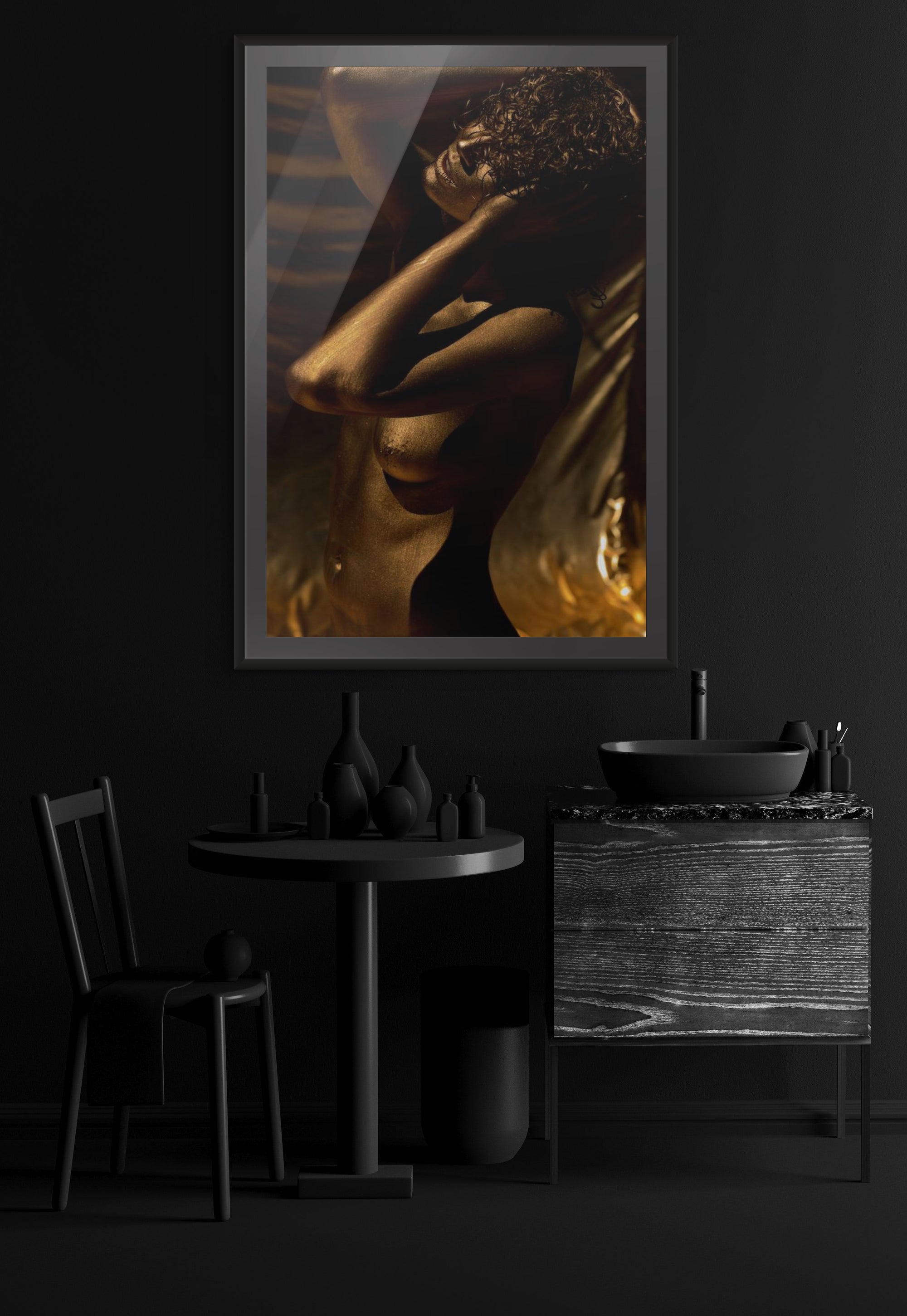 Golden-painted silhouette with curly hair arching gracefully, hands lifted behind her head, bathed in dramatic light and shadows. Fine art photography capturing elegance, feminine strength, and timeless beauty, perfect for luxury interiors and collectors.