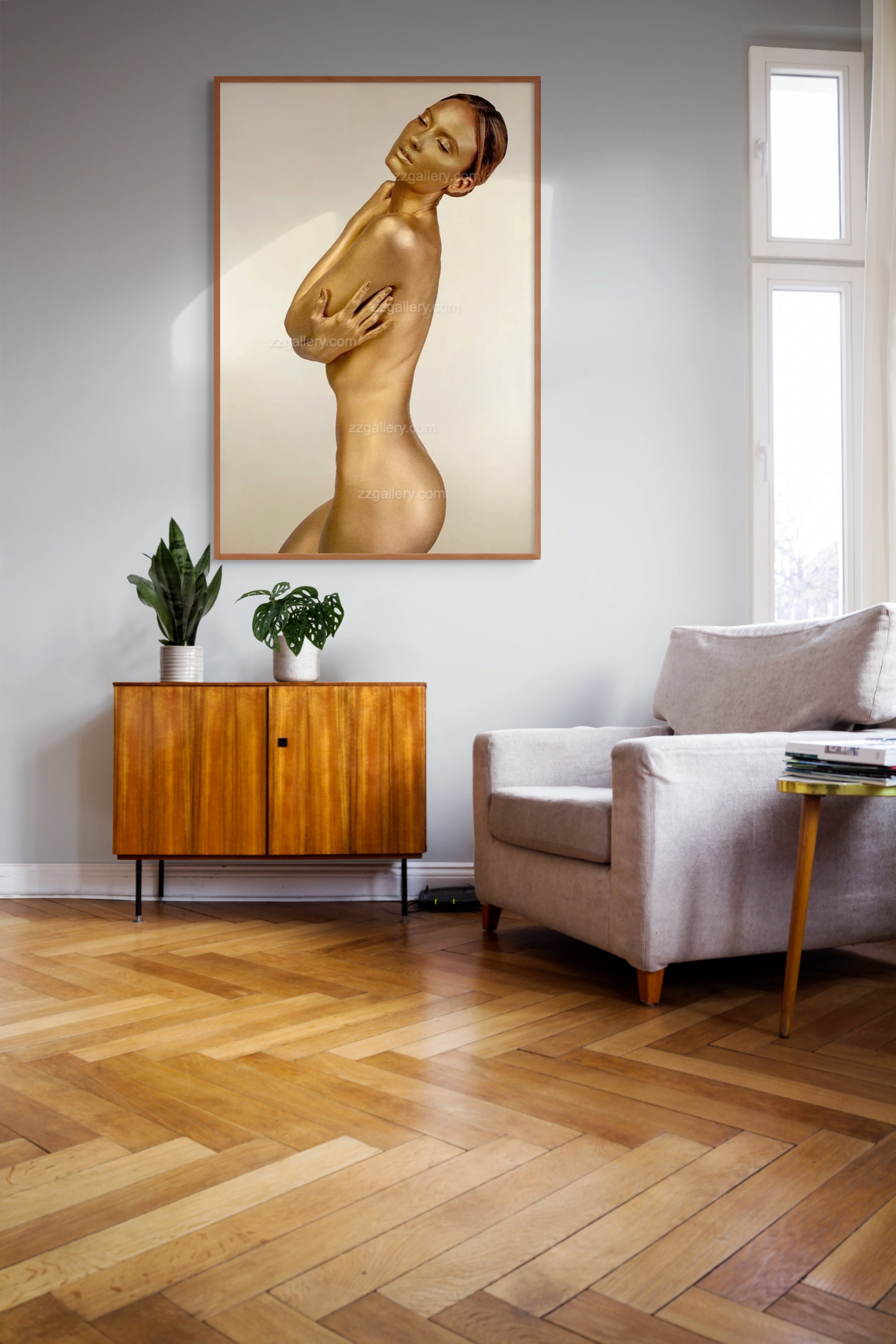 Golden-painted figure in a graceful pose, contemporary fine art wall decor blending luxury, spirituality, and timeless elegance.