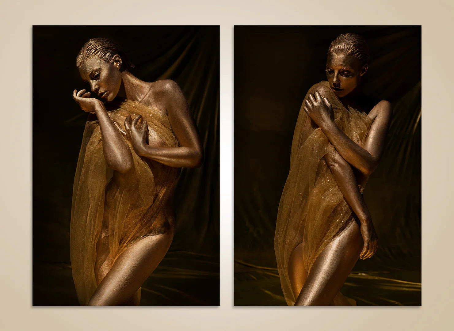 Golden figure goddess fine art photography diptych – luxury gold-painted artwork with flowing veil wall art
