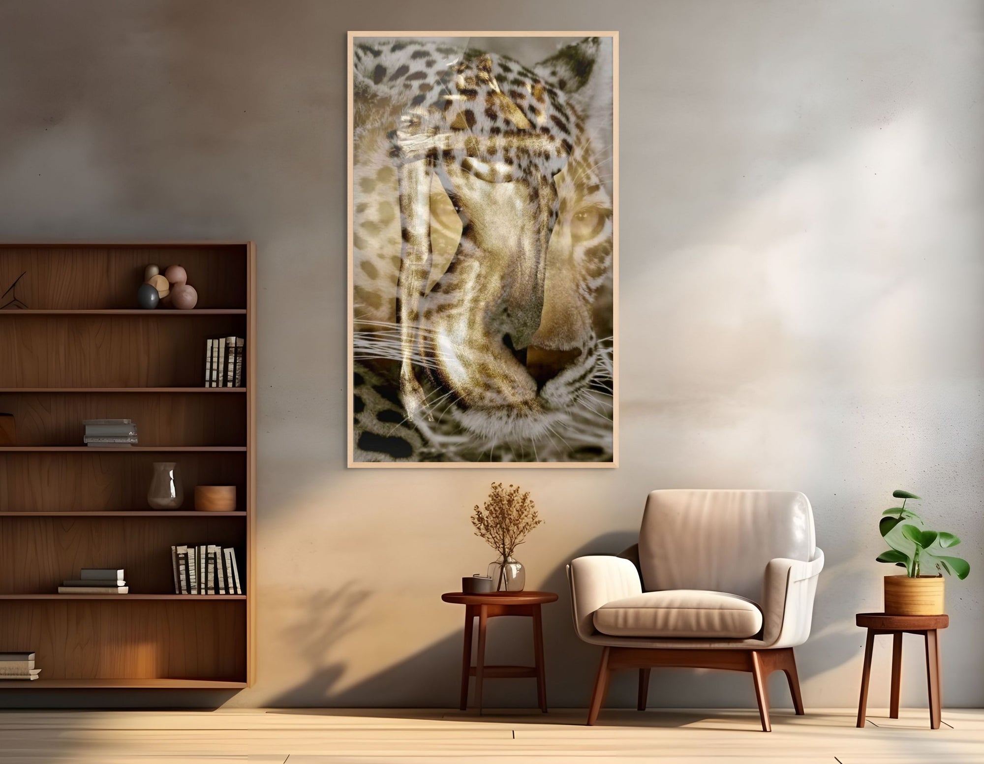 Golden-painted figure blended with the face of a leopard, contemporary fine art photography highlighting feline strength, balance, and artistic expression.