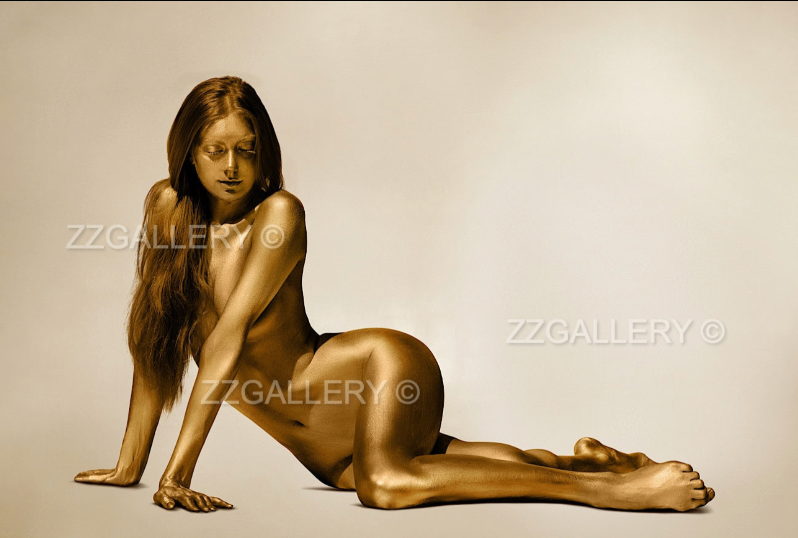 Golden figure with long red hair in graceful pose, luxury fine art photography for hotels, spas, and contemporary interiors
