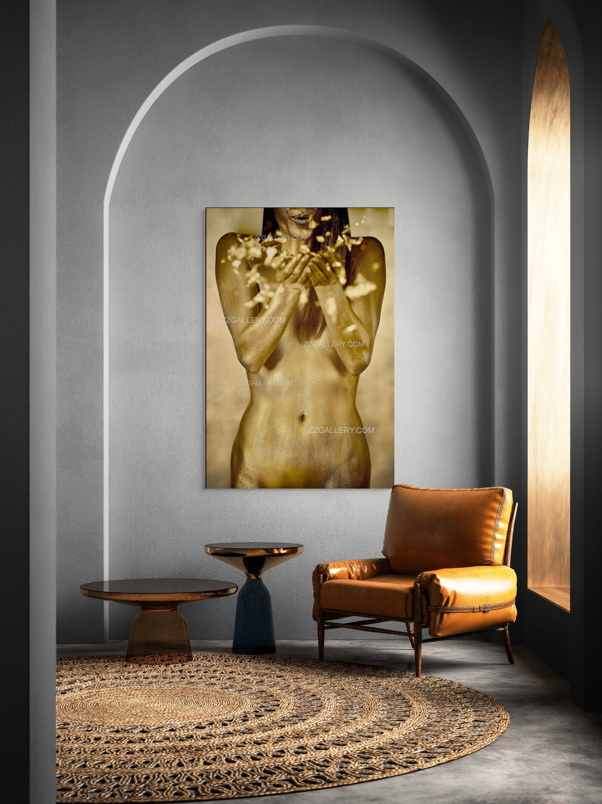Golden figure offering gesture by Zack Zublena, contemporary fine art nude photography, luxury gold-painted body wall art symbolizing sacred feminine energy and transformation.