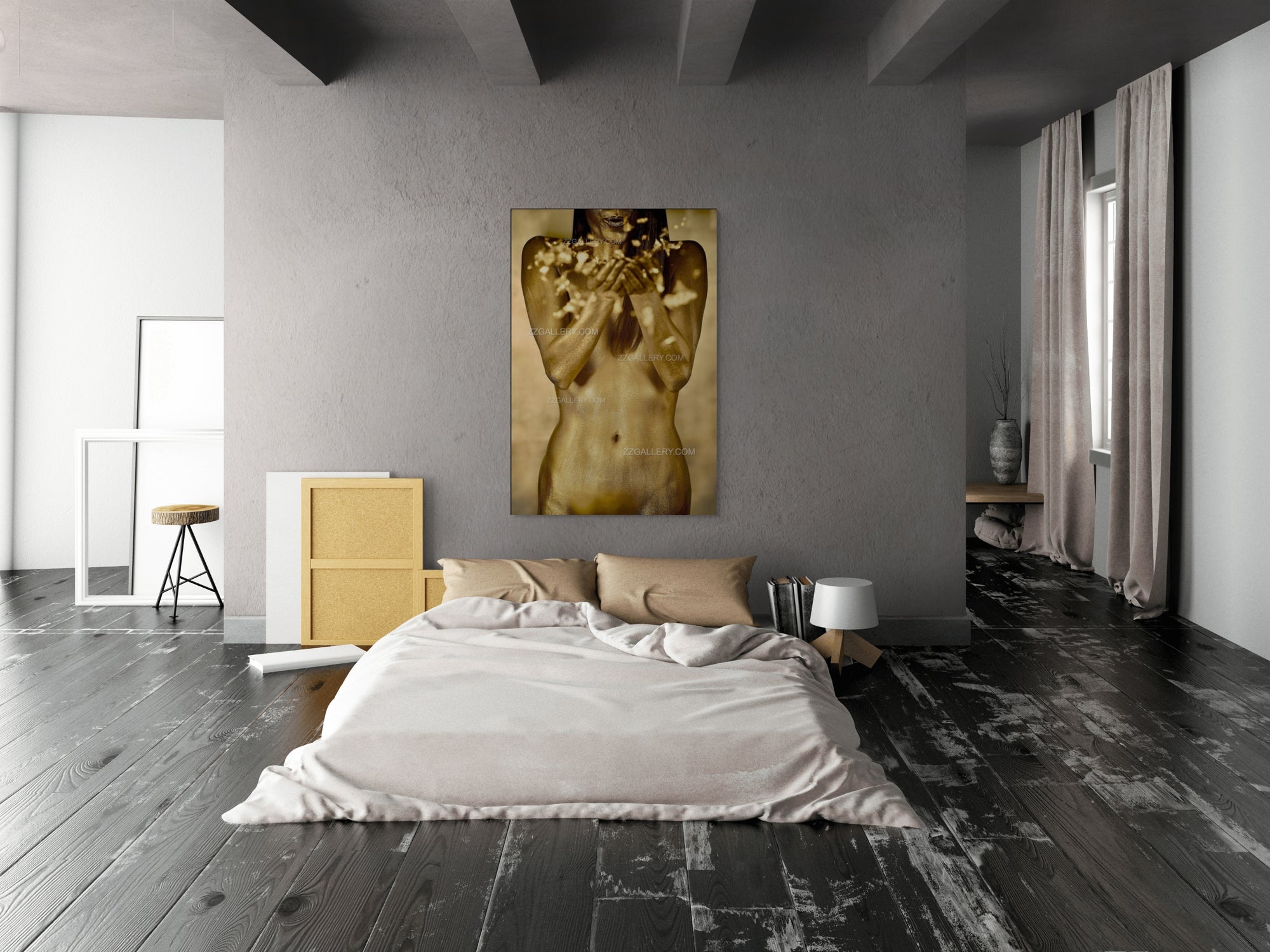 Golden-painted figure holding and releasing radiant light particles, fine art photography symbolizing illumination, transformation, and serenity, displayed as luxury wall art in a modern bedroom interior.