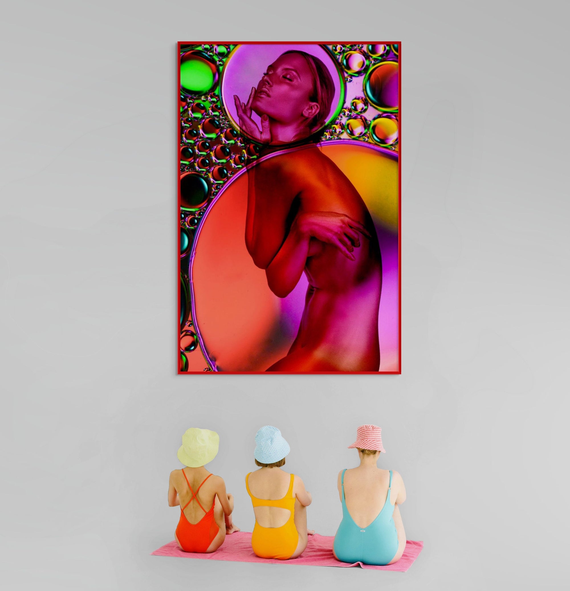 Psychedelic abstract wall art featuring a magenta and gold silhouette figure surrounded by colorful iridescent bubbles on a vibrant background, contemporary fine art print for modern interiors and collectors.