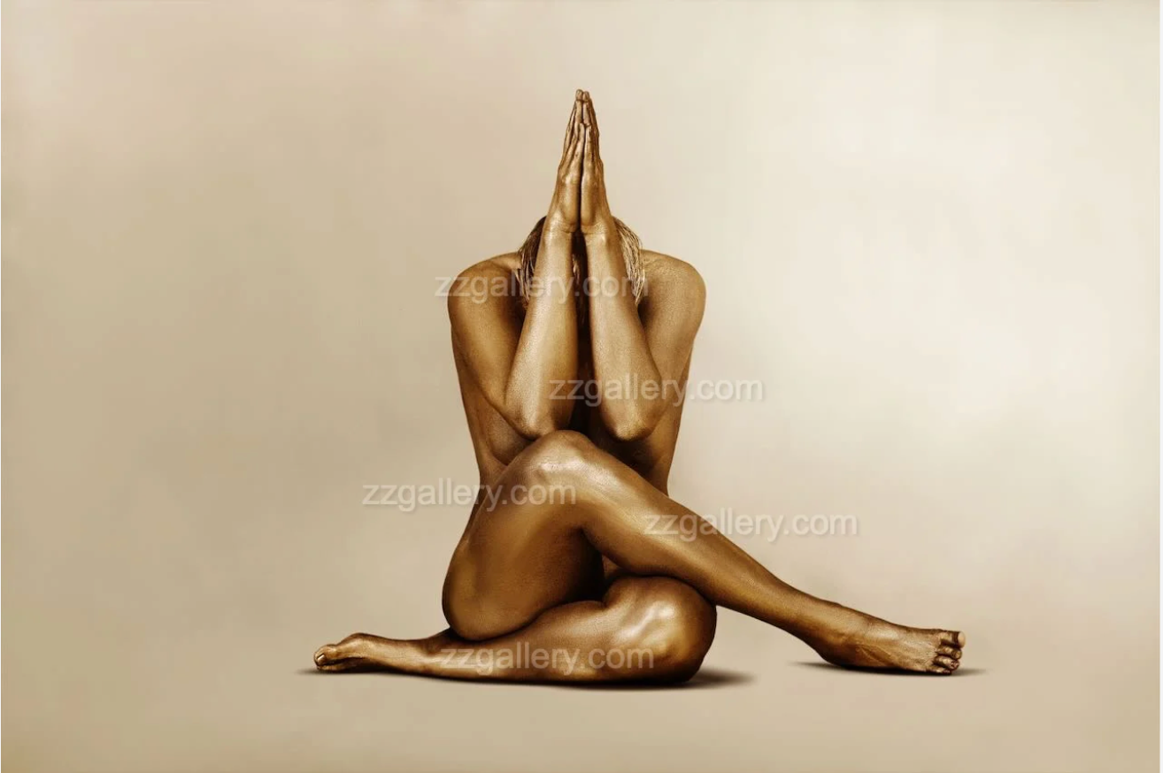 Golden figure in prayer pose wall art print, luxury gold fine art photography for wellness, yoga, spas, and interior design.