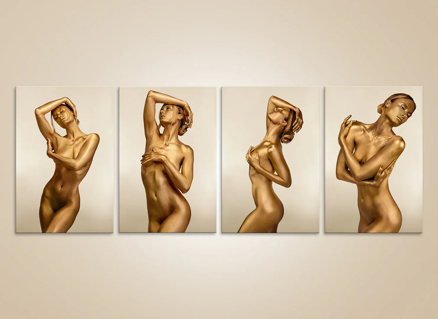 Quartet of gold-painted female figures in elegant poses on a neutral background; contemporary fine art photography.