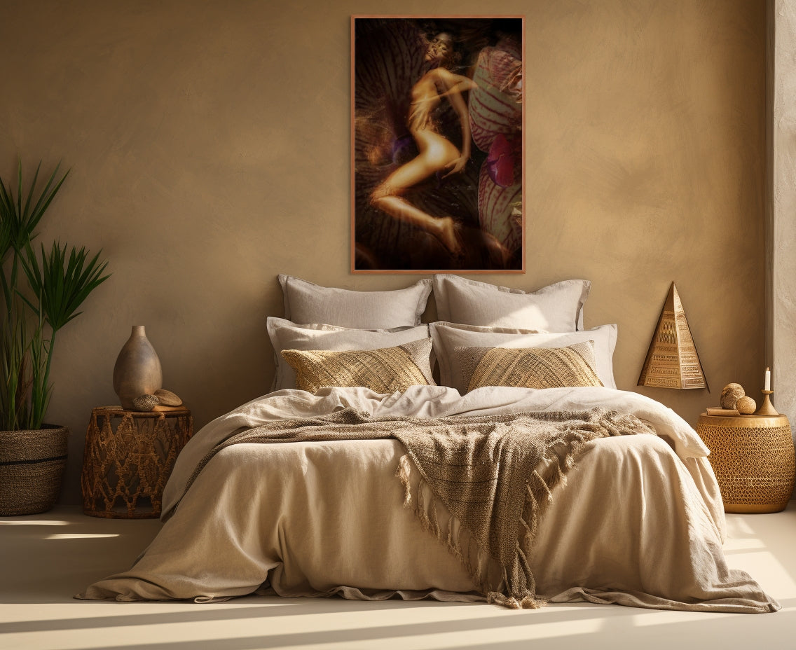 Golden figure reclining gracefully on vibrant tropical leaves, fine art photography blending nature, mysticism, and elegance, perfect for luxury interiors and bohemian bedrooms.