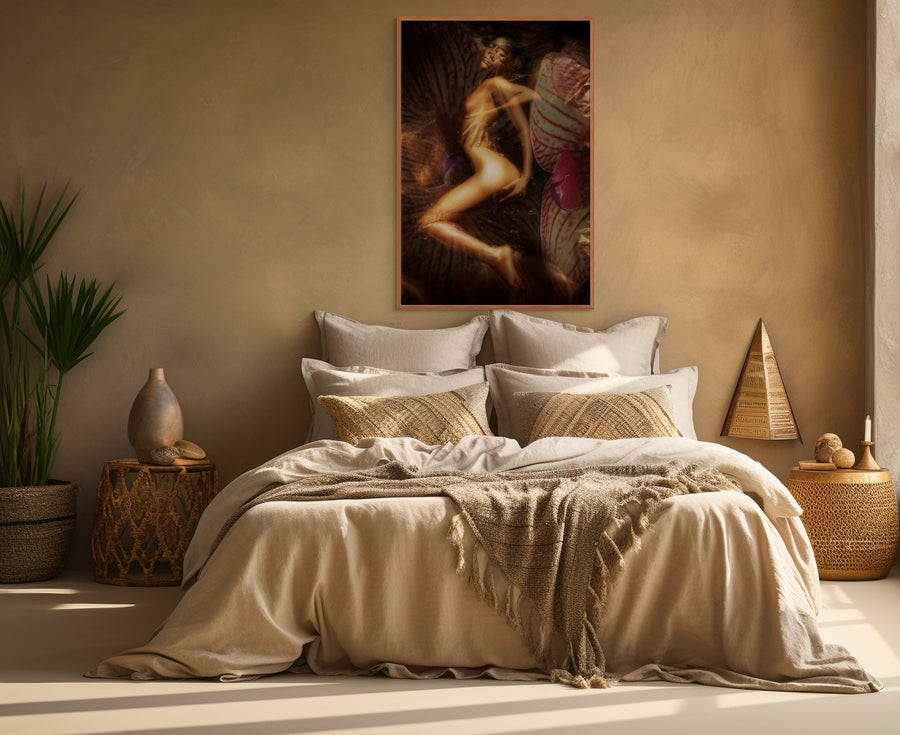 Golden figure reclining gracefully on vibrant tropical leaves, fine art photography blending nature, mysticism, and elegance, perfect for luxury interiors and bohemian bedrooms.
