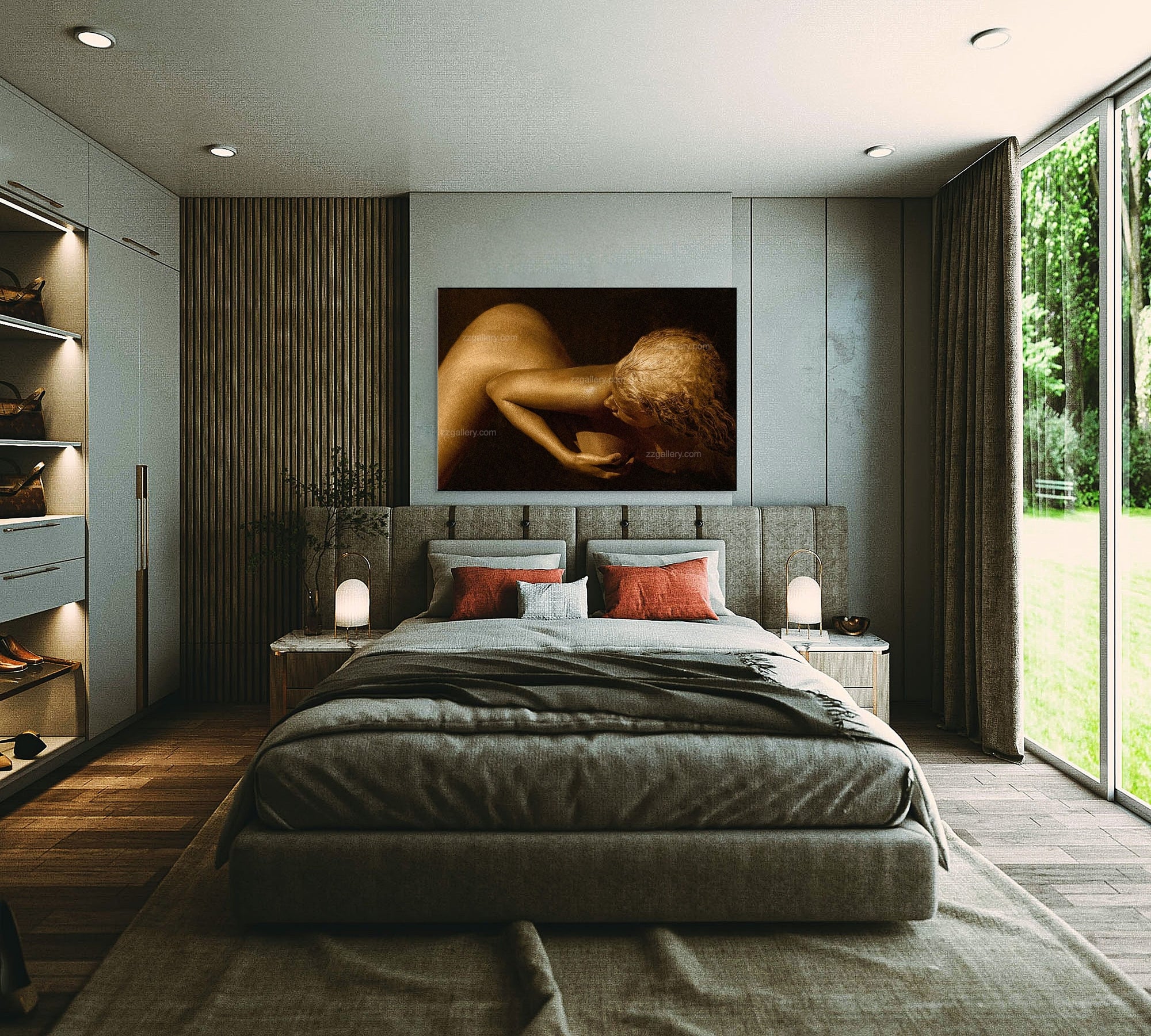 Golden-painted figure resting with head on arm by Zack Zublena, contemporary fine art photography, luxury wall art expressing intimacy, serenity, and timeless feminine beauty.