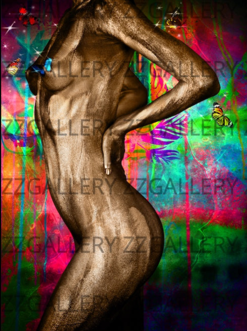 Artistic gold-painted figure in elegant side profile with butterflies and colorful abstract background, contemporary wall art photography.