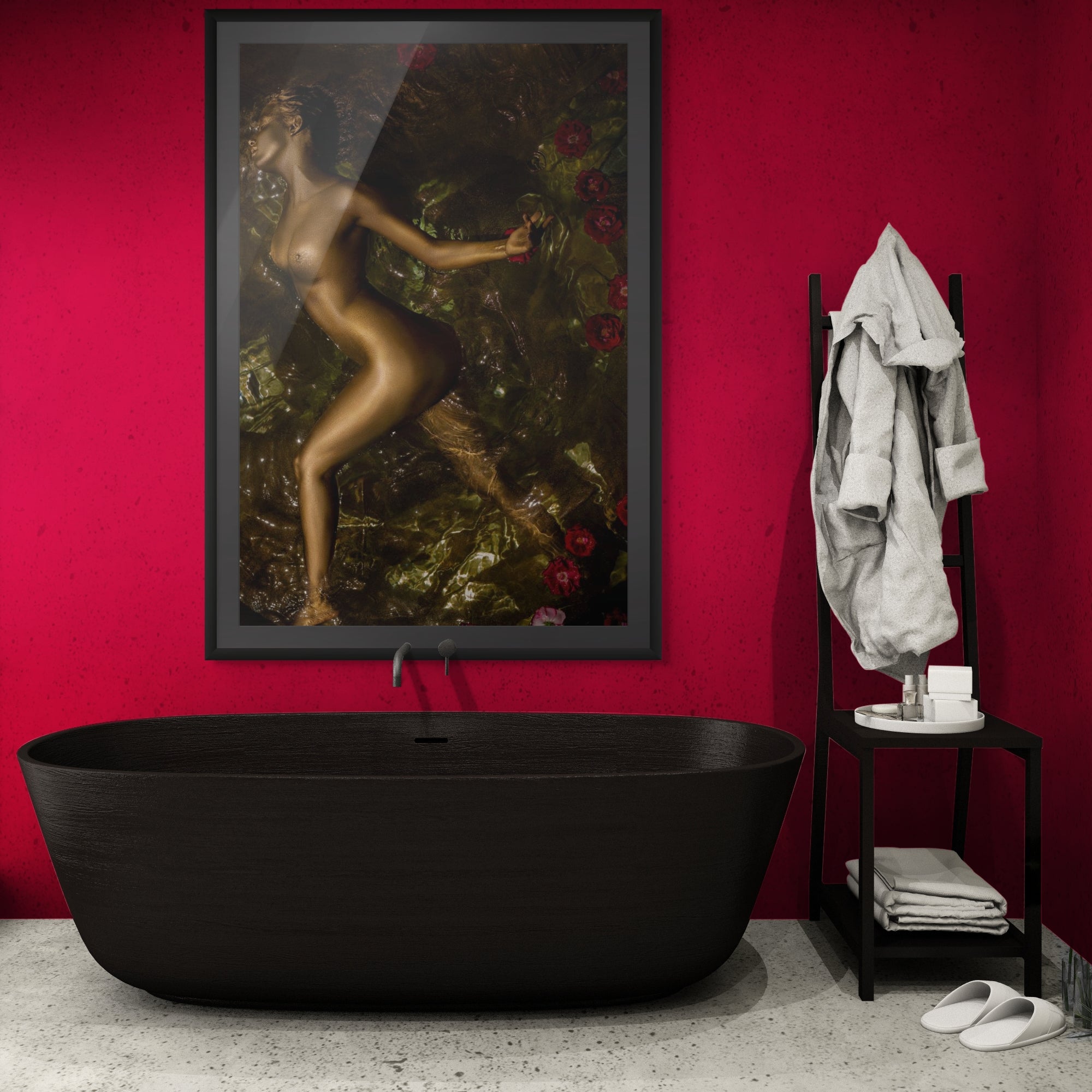 Golden-painted figure leaning forward gracefully, surrounded by lush green textures and scattered red roses, captured in dramatic fine art photography. Artistic wall art that merges nature, elegance, and feminine strength for luxury interiors, spas, and collectors.