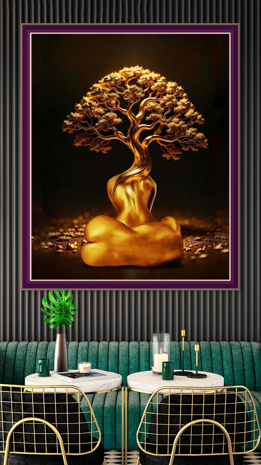 Fine art photograph by Zack Zublena showing a golden figure merging into a sculptural tree form with radiant tones, highlighting detail, depth, and texture.