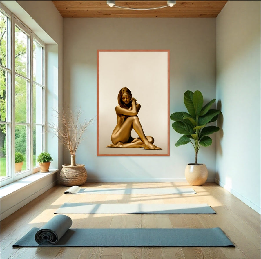Serene yoga studio with a large framed artwork of a golden figure in a seated pose. Elegant fine art wall decor evoking beauty, tranquility, and inner harmony.