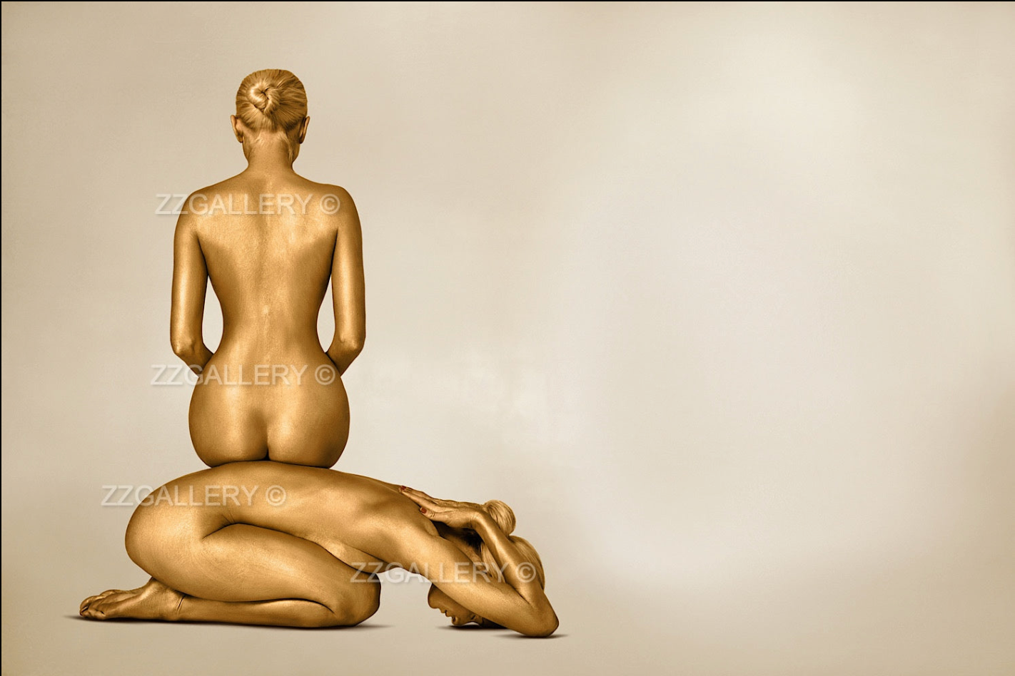Golden figures sculptural fine art wall print by Zack Zublena, luxury gold body photography for spas, yoga studios, meditation rooms, and hotels.