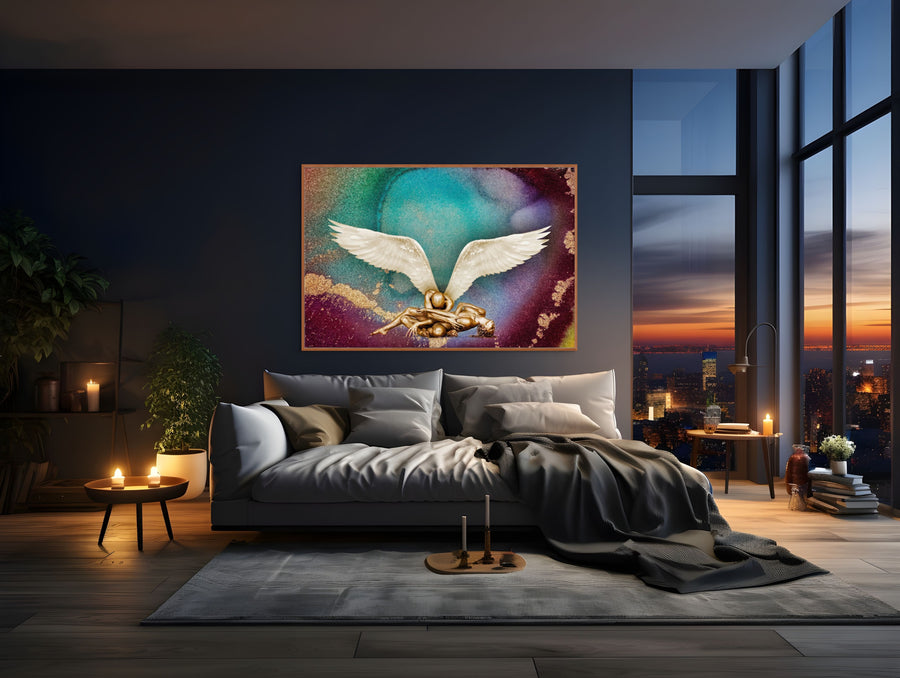 Golden-painted figures with white wings on a colorful cosmic background, fine art wall decor designed for luxury interiors, hotels, wellness spaces, and galleries.