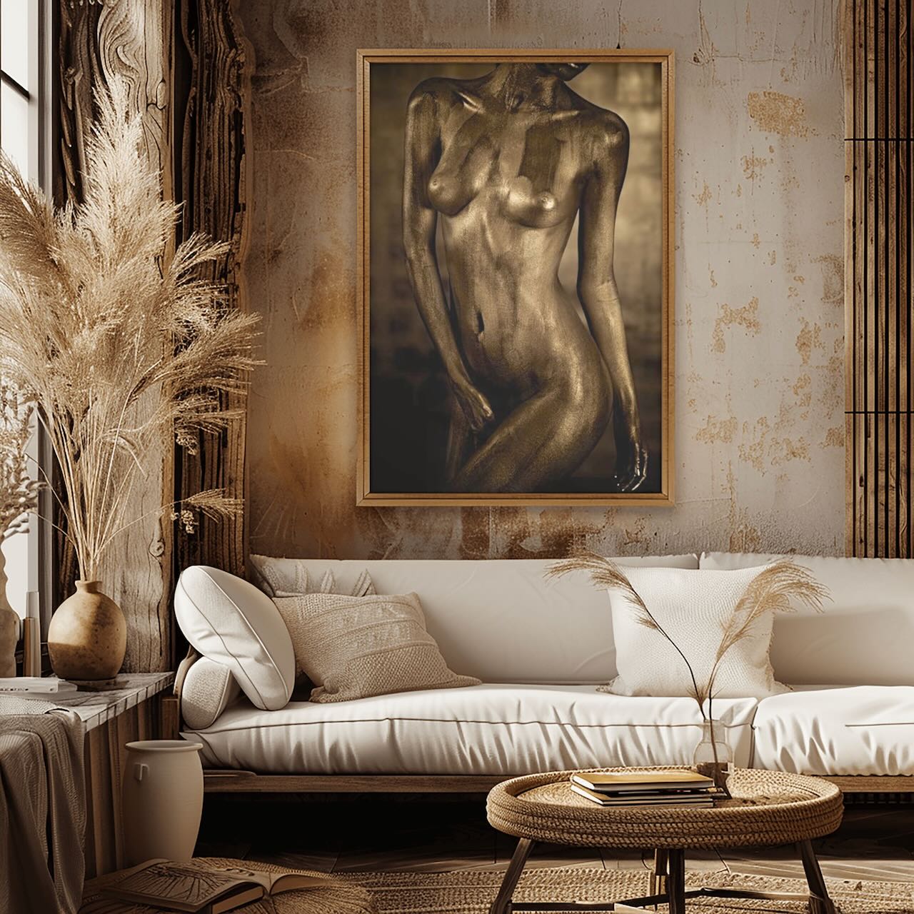 Golden-painted fine art print showcased in a bohemian-inspired living room with warm textures, natural decor, and rustic elegance.