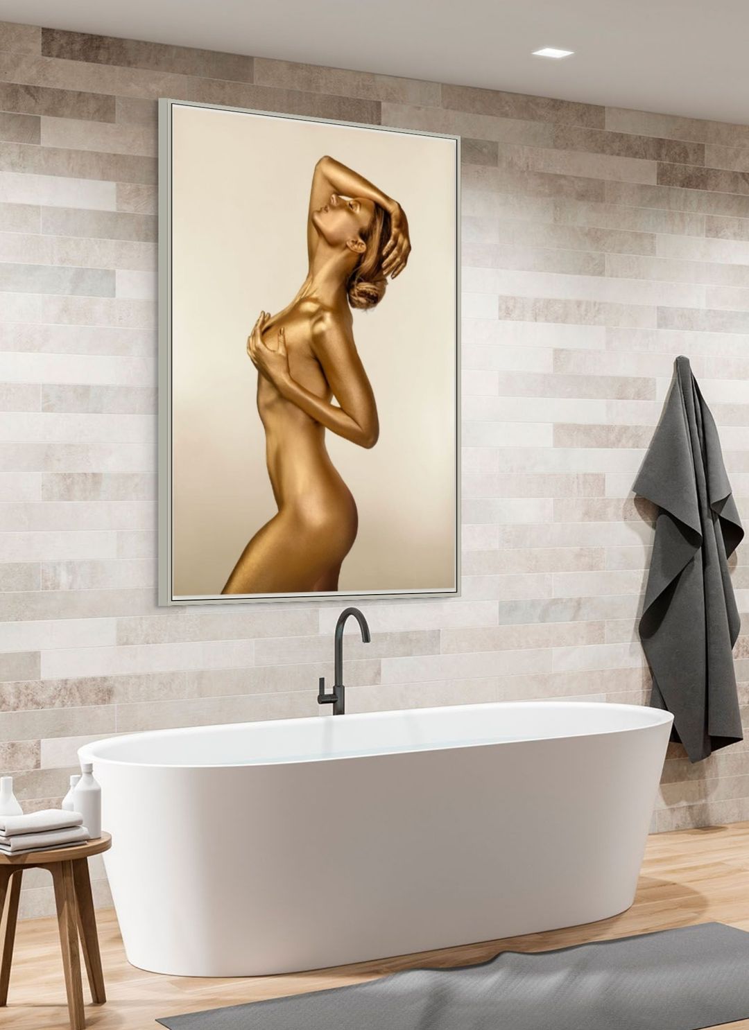 Golden-painted fine art wall print displayed in a modern bathroom above a white bathtub, highlighting elegance, harmony, and luxury interior design.