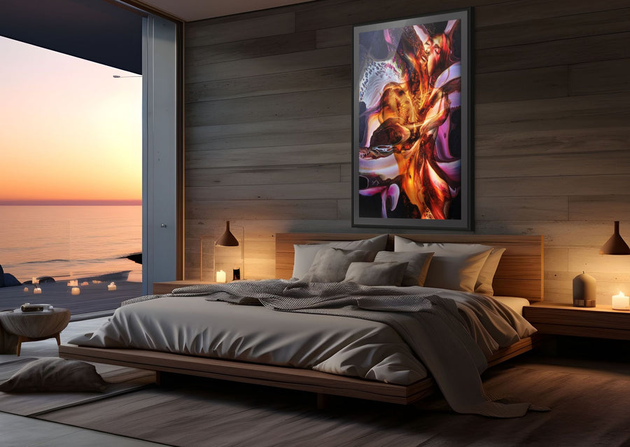 Golden surreal abstract artwork of a female figure painted in shimmering gold, emerging from fiery red and purple waves, symbolizing transformation, energy, and divine power – luxury wall art for interiors.