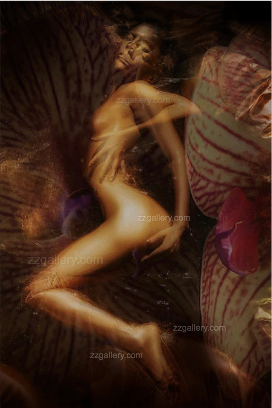 Golden figure in ethereal orchid petals – fine art photography blending botanical textures and surreal elegance into a dreamlike composition.
