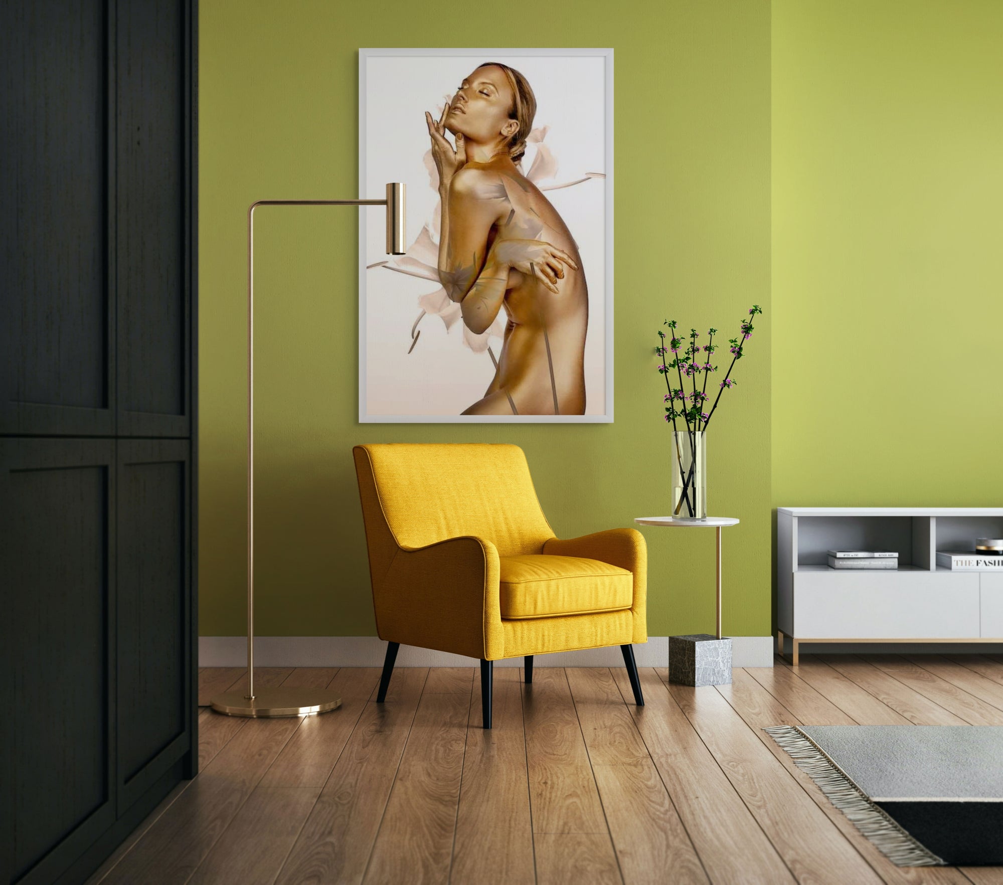 Golden figure wall art – fine art photography of a female figure painted in gold, blending with soft floral elements. Perfect luxury décor for modern interiors, yoga studios, spas, and healing spaces.