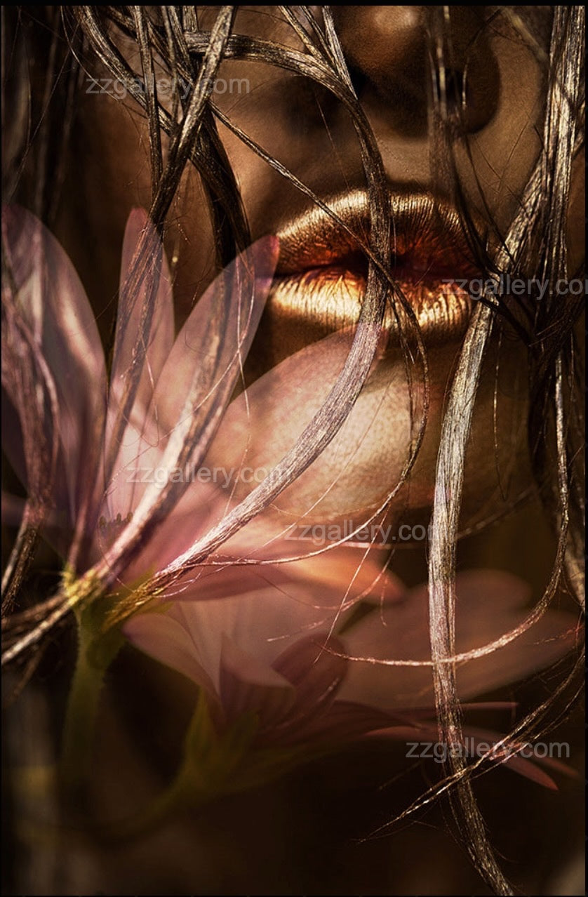 Close-up of glossy golden lips framed by wet hair and translucent petals, high-impact fine art wall decor for sensual, luxury spaces.