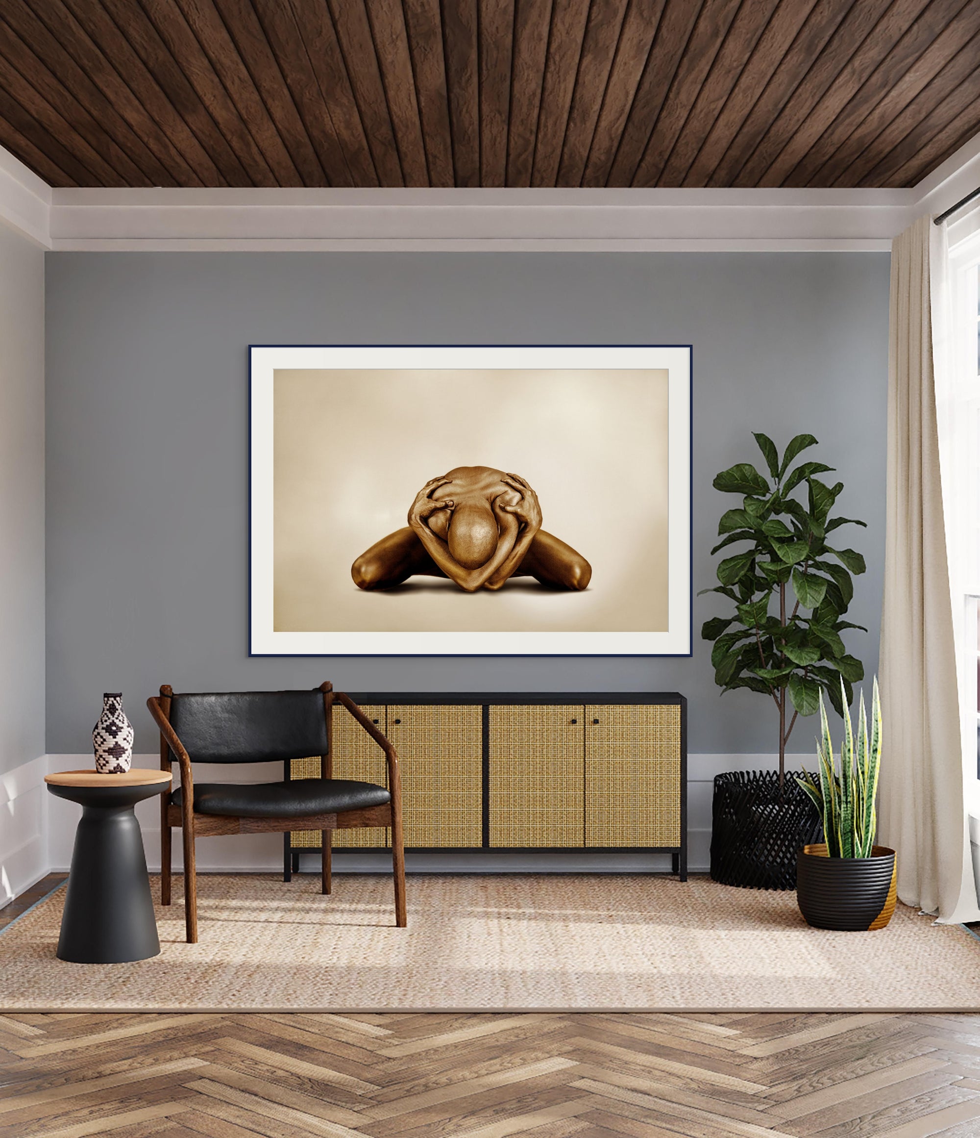 Abstract gold-painted male body in forward fold yoga position, head down, arms framing face, conceptual fine art print by Zack Zublena.