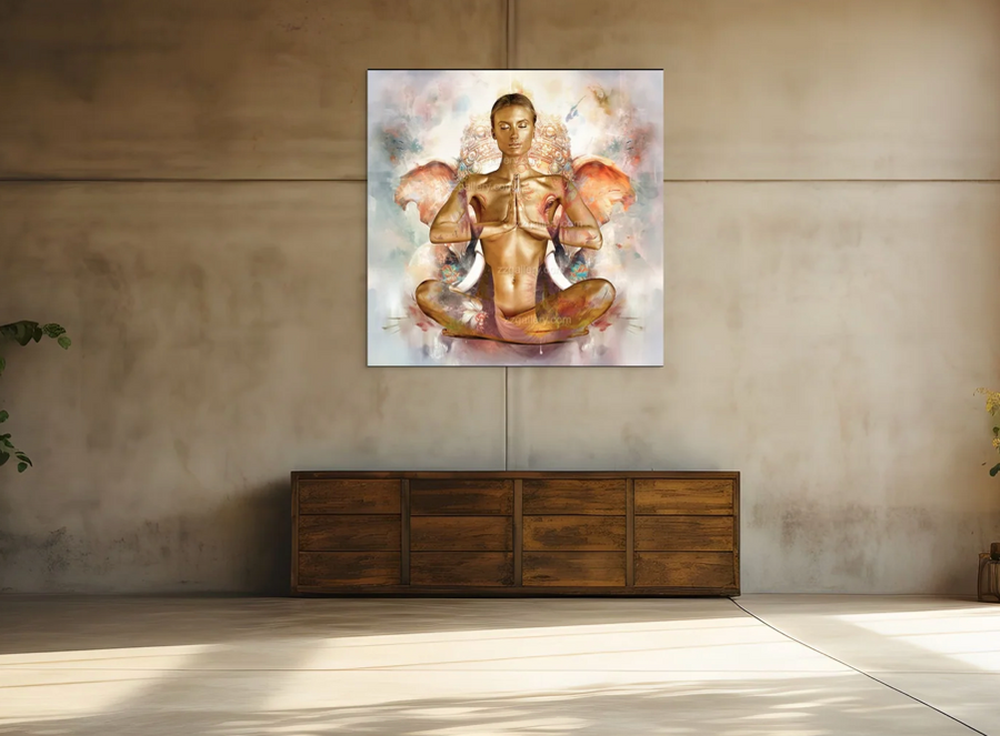 Golden-painted feminine figure in meditation with Ganesh, fine art photography by Zack Zublena inspired by Ganesha motifs and symbolic artistic expression — ideal for yoga rooms, spas, and modern interiors.