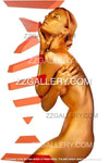 Golden-painted woman in divine nude pose with geometric orange shards behind her