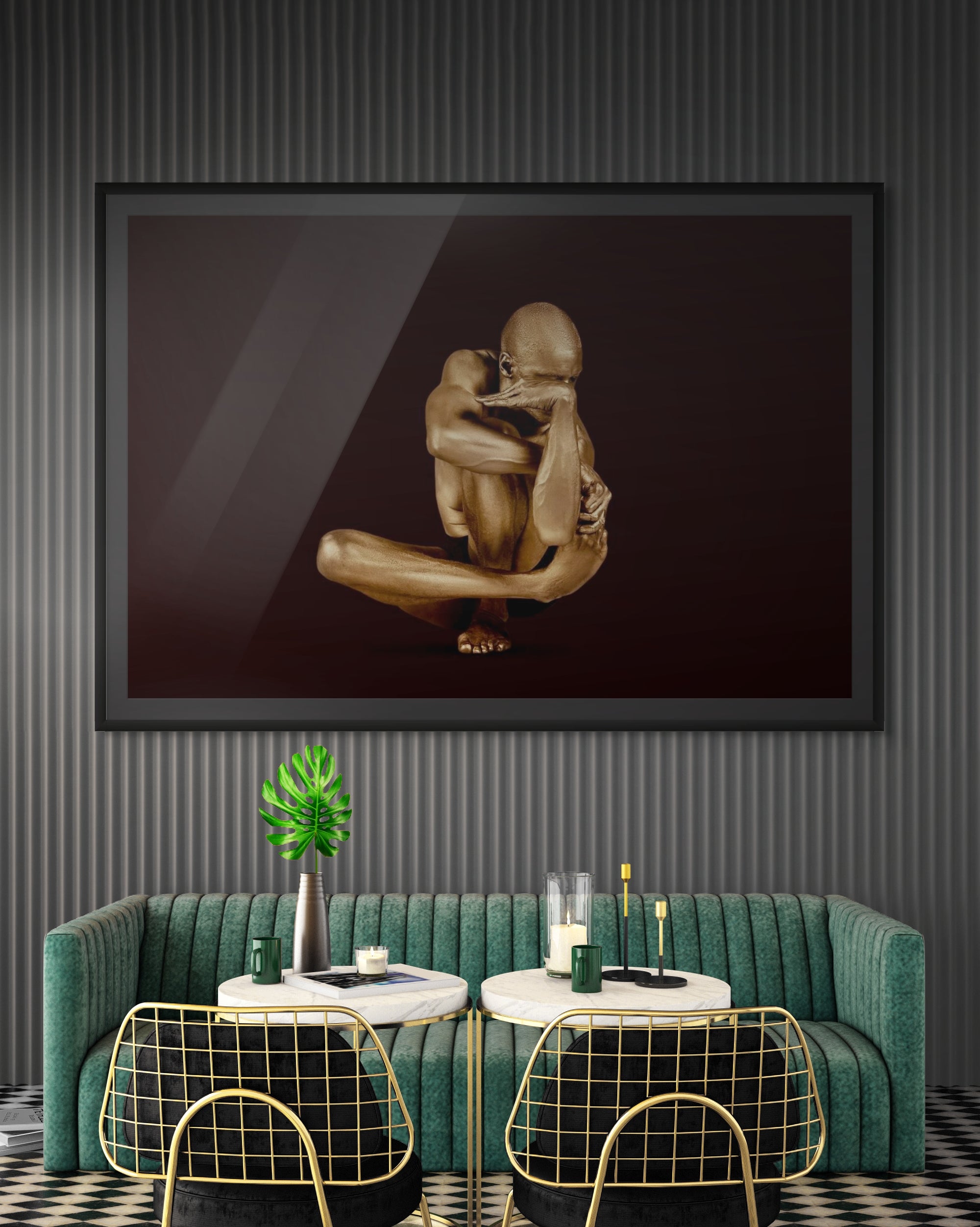 Golden male figure folded in geometric pose – luxury fine art wall print by Zack Zublena displayed in modern interior