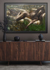 Golden-painted nude woman reclining on a golden float in shimmering golden water, fine art wall décor for luxury interiors.